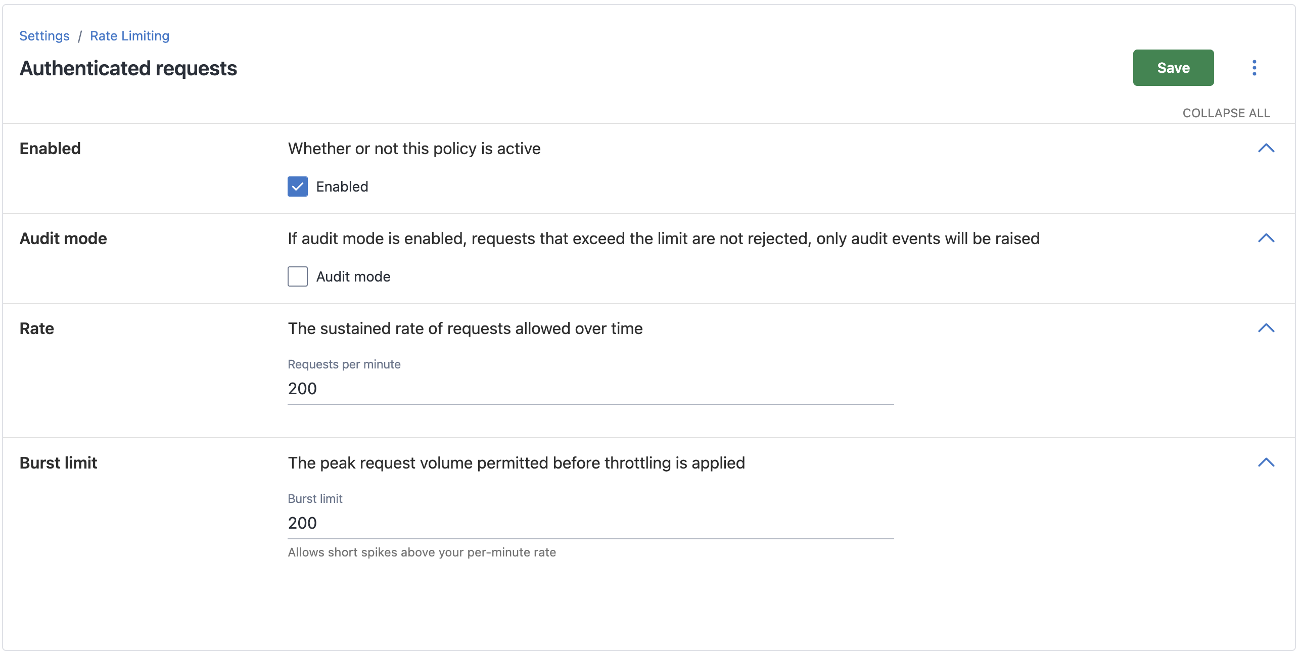 A screenshot of the configuration screen for the Authenticated requests rate limiting policy. The policy is enabled, audit mode is off. The rate is 200 requests per minute and burst limit is 200