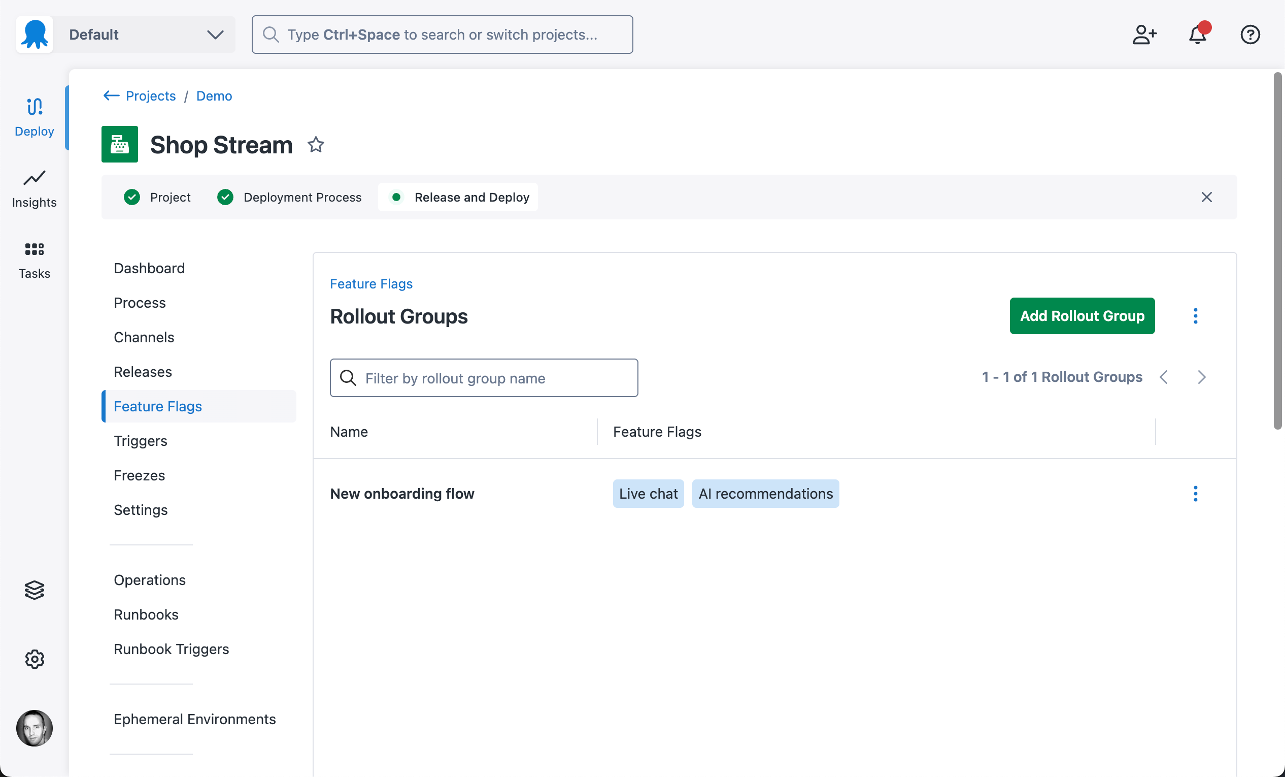 Screenshot of rollout group list page with a single rollout group named new onboarding flow, used by the live chat and AI recommendations feature flags, with the overflow menu expanded and showing edit and delete options