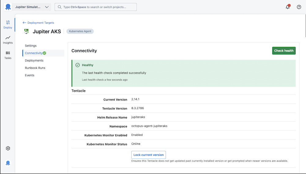 Health check showing status of the Kubernetes monitor