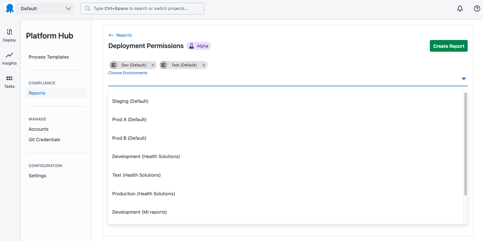 The environment selector for the deployments permission report