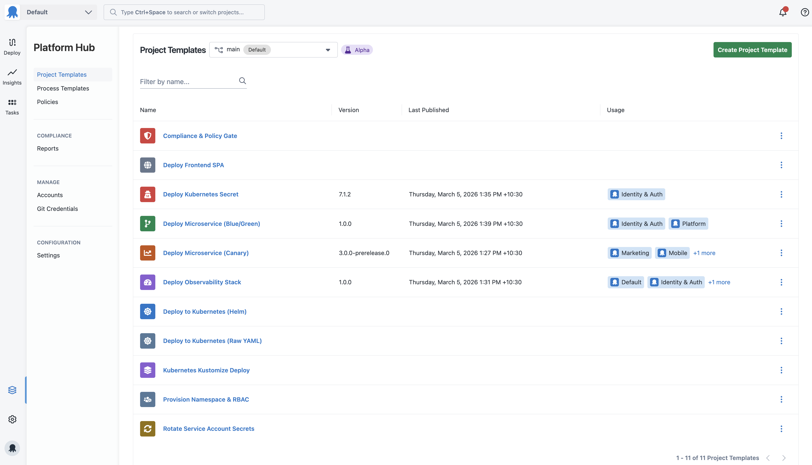 The Project Templates overview page