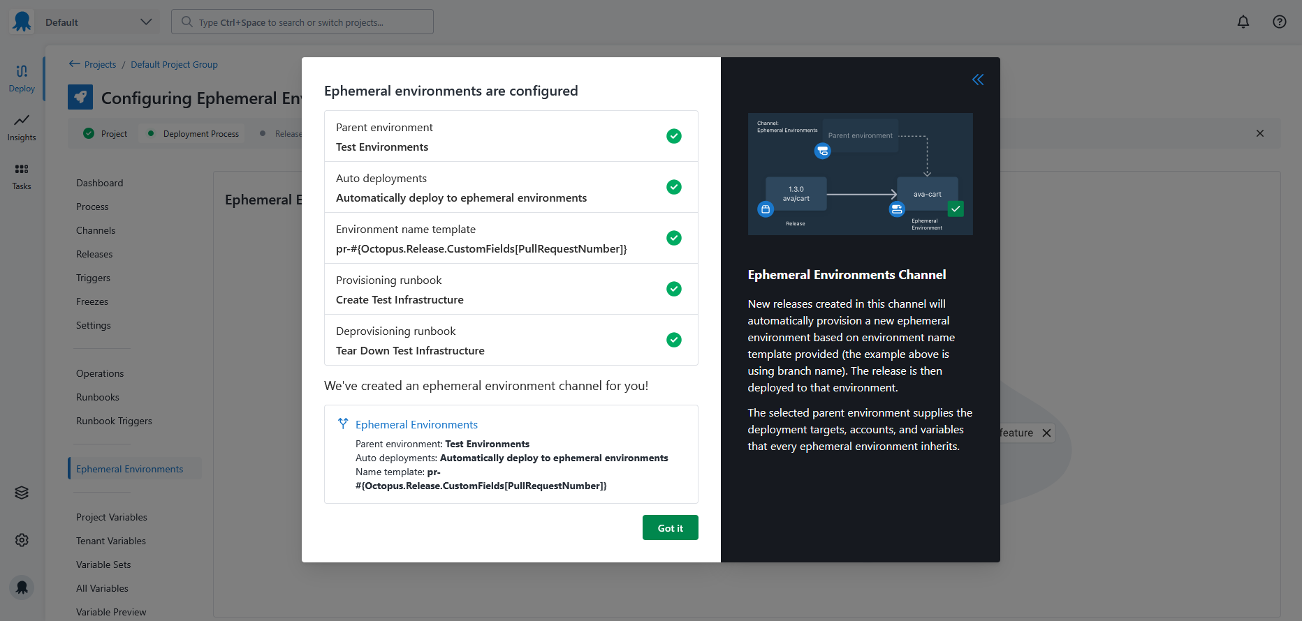Ephemeral environments successfully configured for a project